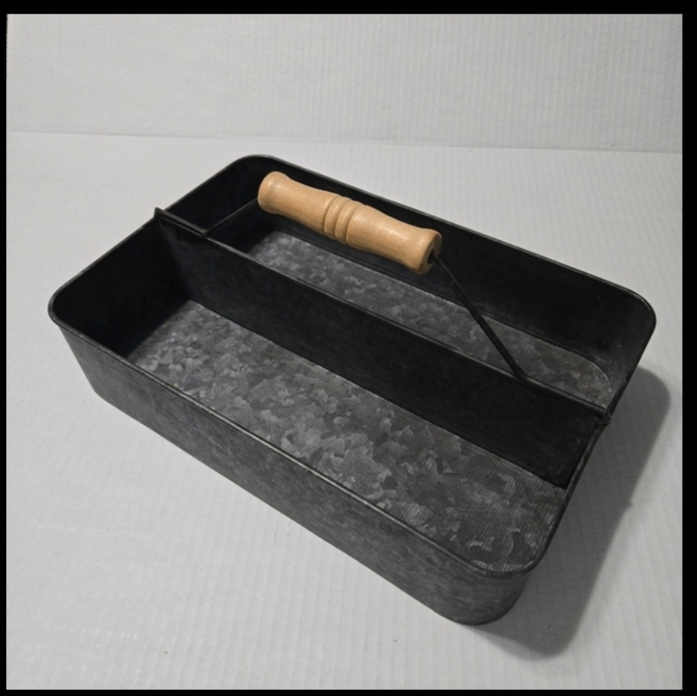 Rustic Farmhouse Galvanized Tin Utensil Metal Caddy Holder Wood Handle Container